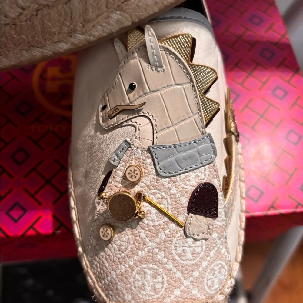 Tory Burch Cream and Brown Dragon Espadrilles. New in Box